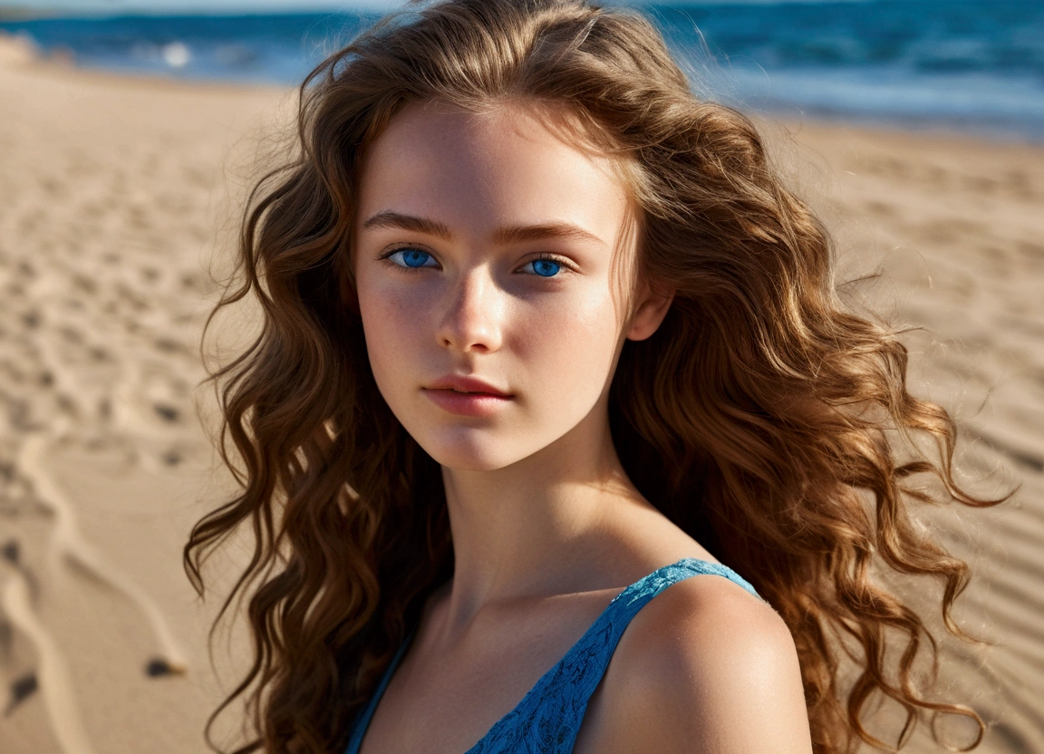 A photorealistic portrait of an 18-year-old Russian poses gracefully on a sandy beach, showcasing her blue eyes and wavy brunette hair. She stands in a natural, relaxed position that highlights her figure, capturing the warmth of the sun on her skin. The background features gentle waves and a clear blue sky, creating a serene atmosphere. The image is shot in high detail, emphasizing the textures of the sand and her hair, with soft, warm lighting for a captivating, inviting look