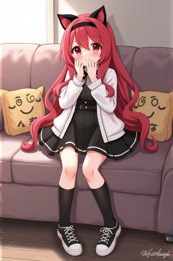 Girl, long red hair, red eyes,white jacket, black skirt, black socks, knees high, black sneakers, sitting on couch, indoor, blush, cat ears