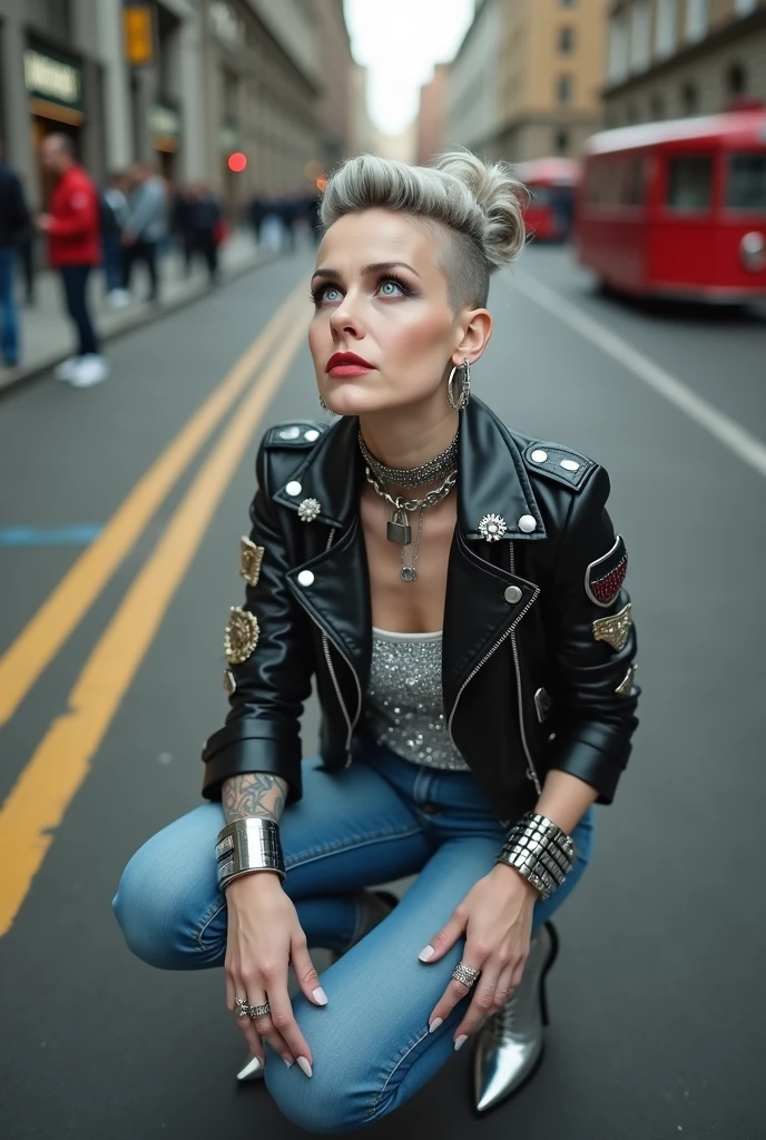russian old milf woman, grey hair (top bun, shaved sides), with very light blue eyes, extremely pale. Wearing cropped black moto jacket lots of silver metal pins and badges on lapels), shiny silver sequins tank top, skinny blue jeans and silver pointy Chelsea boots with cuban heels . Lots of metallic wide silver bracelets, a tacky chain and a padlock as a collar.mTacky studded leather belt with oversized chanel buckle. Wide loop earrings. Kneeling looking up, eyes and mouth wide open in amazement. Tattooed. Hands on her knees. Chin up, looking up listening in amazement to God. Well toned abdominals, thin legs and thin arms.