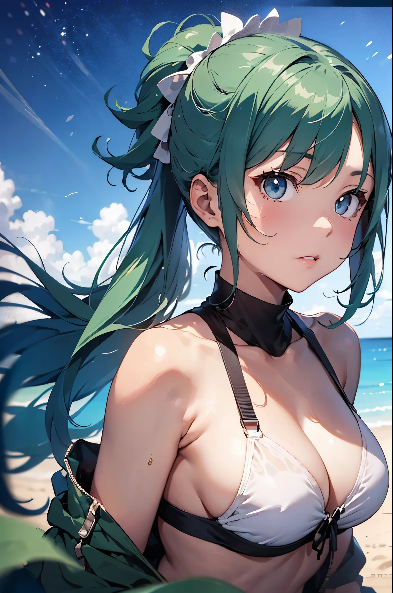 4K,8k,High resolution,
One beautiful young woman,Light blue hair、ponytail、
(Soft Saturation:1.3), (Fair skin:1.2),
(ultra-Detailed Background, Detailed Background), Bokeh,
break'Smiling portrait.,
When viewed from the front, The composition is symmetrical,
Looking straight at you with serious eyes,
break Swimwear, White Bikini, Center of chest,
Outdoor, Sea surface, null, sunlight,Summer beach, Sandy Beach,
Strong light, Front lighting,
(:1.3), (Cowboy Shot:1.2),
Front brake angle,
View your audience,
Dynamic pose,
sitting on the beach
Seaweed、Seaweed、Seaweed、Seaweed、Seaweed、Seaweed、Seaweed、