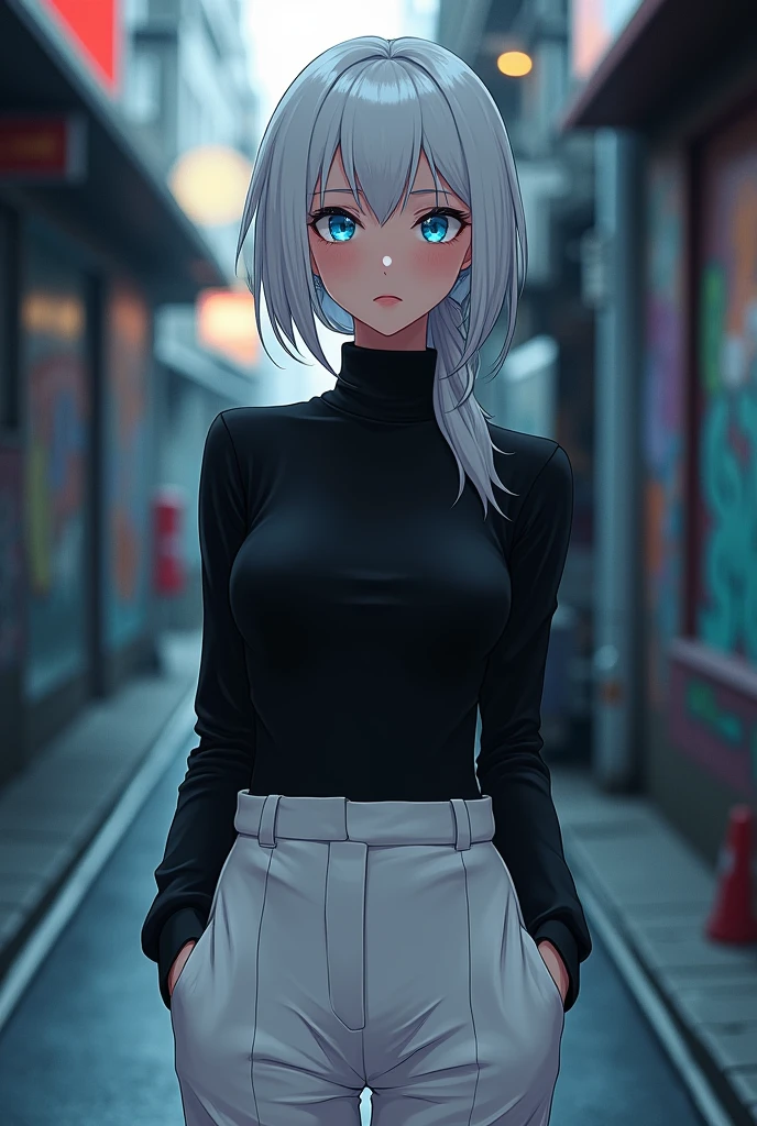 Skinny woman,white,corte de pelo modern mullet color white hojos azules ojeras en los hojos polera negra pantalon white de escuela anime