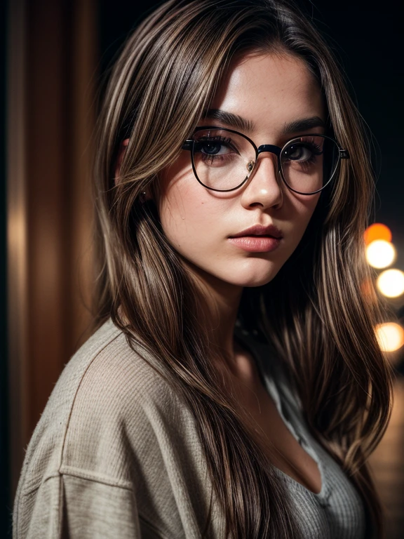 a beautiful 23-year-old woman, light brunette, close-up, girl next door, baggy clothes, makeup, lips, glasses, night, messy hair, film grain, retro, Porta 160 color, shot on ARRI ALEXA 65, sharp focus on subject, Fujifilm XT-3