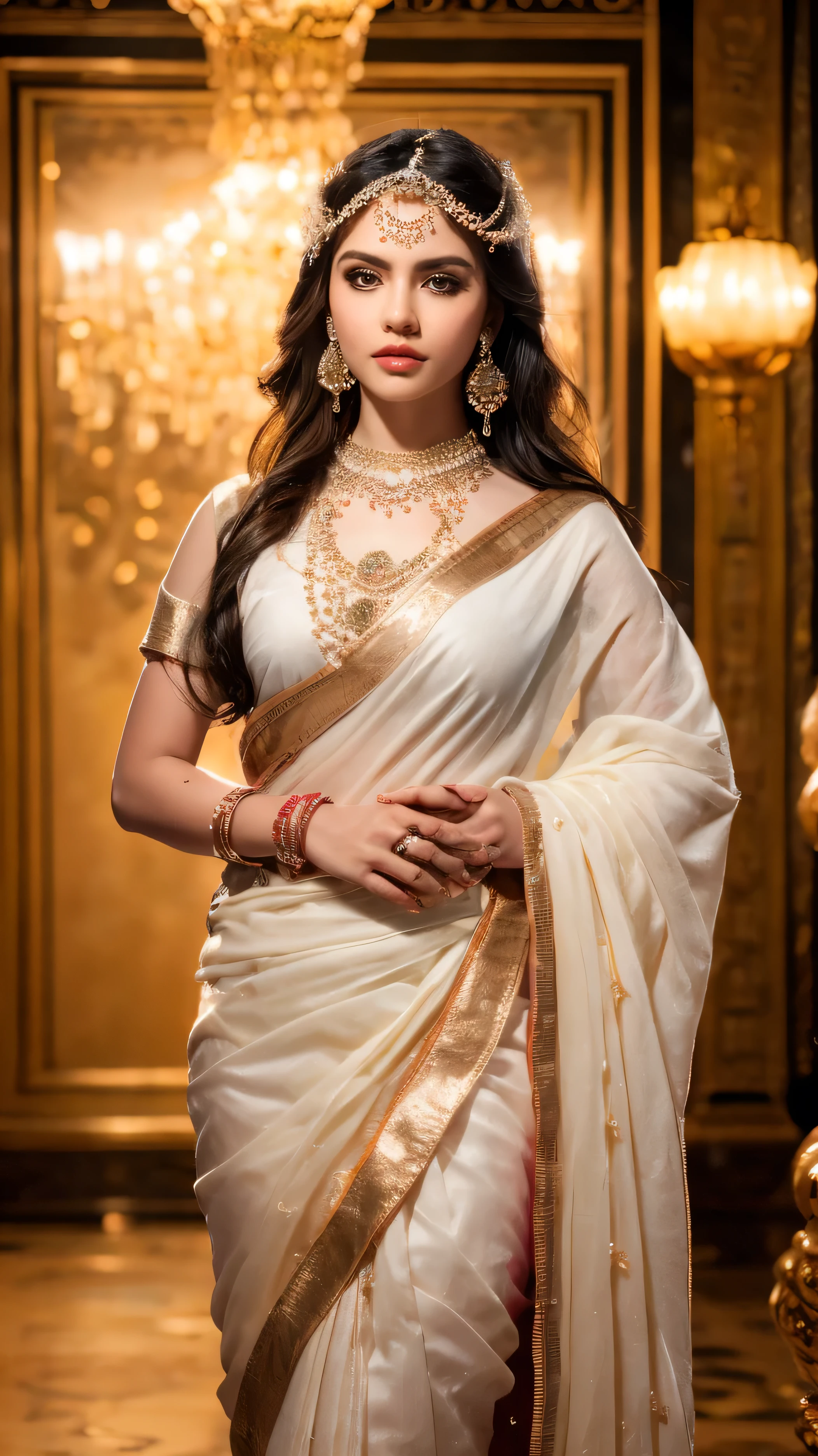 ((Best quality, 8k, Masterpiece :1.3)), Sharp focus :1.2, Generate a realistic image of a beautiful sexy Indian woman dressed in a white Kasava saree, adorned with traditional ornaments, standing in a well-lit room with cinematic lighting. ((Front view, random elegant pose)), and there is a sense of grace and elegance in her posture. The background should complement the scene, enhancing the overall aesthetic appeal of the image. Photography by Brandon Woelfel, Full shot: Canon EF 16-35mm f/2.8L III USM lens on a Canon EOS 5D Mark IV camera, ultra realistic, 32k, HD