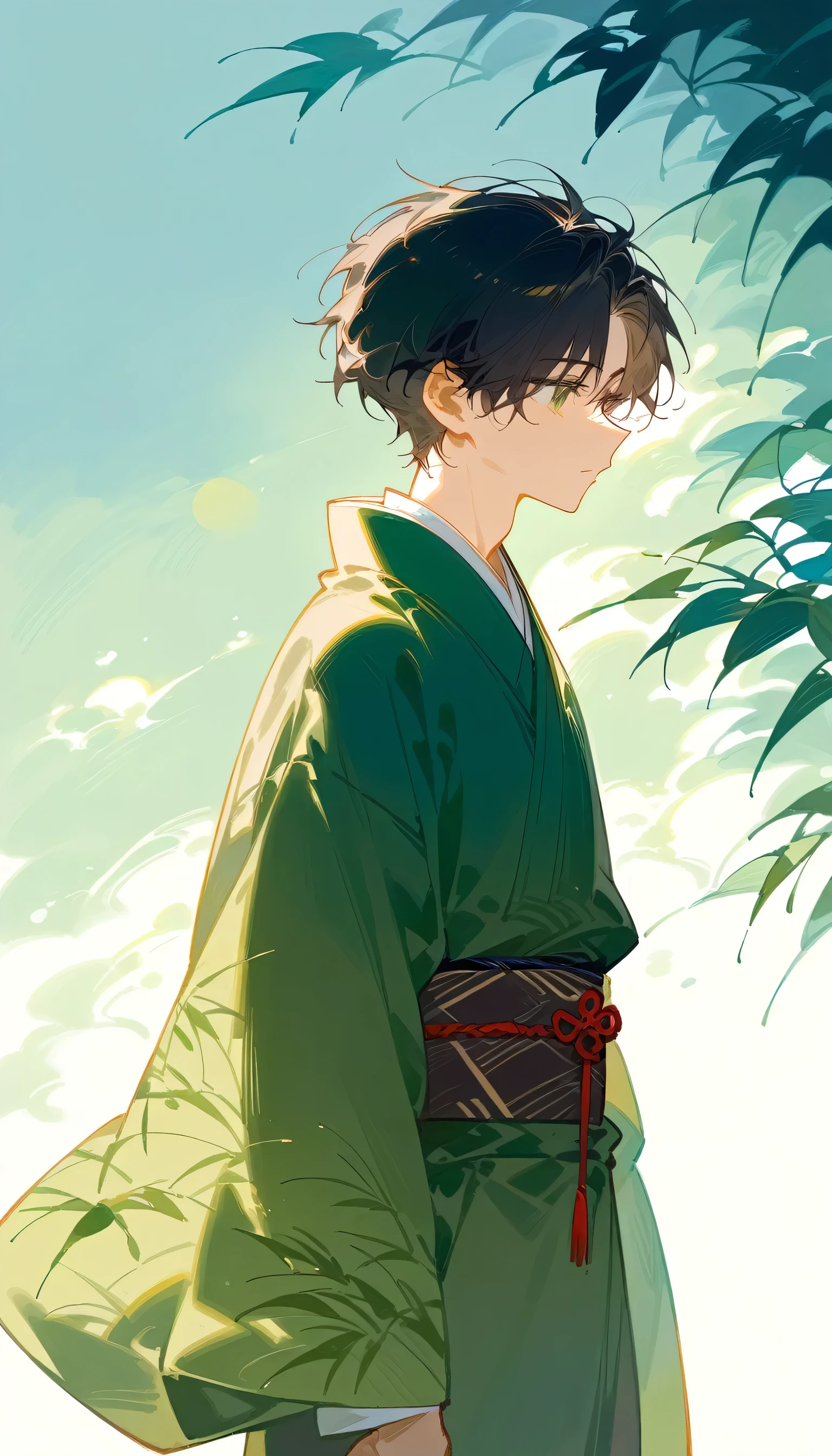 A detailed illustration of a young man seen from behind, gazing over his shoulder with a calm expression. He has short, dark hair and wears a traditional Japanese kimono in a deep green color. The kimono is simple yet elegant, with flowing lines and a smooth texture. The obi belt around his waist is light beige with subtle patterns, adding contrast to his outfit. The background features a soft, painterly depiction of bamboo and leaves, rendered in muted green and beige tones. A red seal-like symbol is present near the top left of the image, adding a traditional Japanese aesthetic. The overall atmosphere is serene and contemplative, with a focus on the simplicity and grace of the character’s pose and attire.