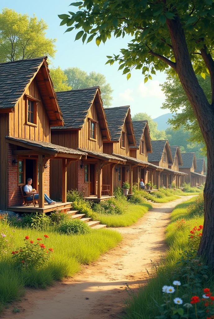 An image of ten traditional village houses lined up in a row in a rural residential area. Each house is made of natural materials like wood and brick, with simple yet charming designs. In front of one of the houses, a person is sitting on a small porch, casually enjoying a cup of coffee. The surroundings are lush and green, with a dirt road running through the village and trees providing shade. The overall atmosphere is tranquil and inviting, capturing the essence of village life.