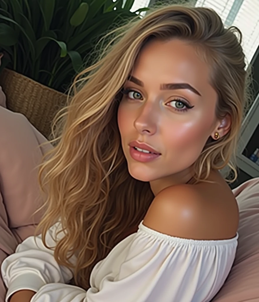 (photorealism:1.2), beautiful woman, sitting topless on bed, wearing a loose off-shoulder top, pyjama pants, long curly hair, indoors, soft lighting, plants in the background, window with sunlight, cosy room, relaxed pose, realistic, intricate details, warm colours