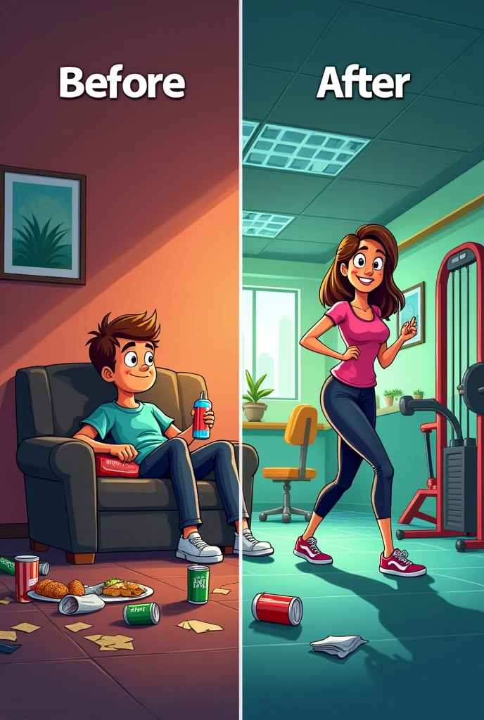 "Create a YouTube thumbnail with a 'before and after' theme, split into two halves. The left side ('Before') should feature a cartoon character sitting on a couch, looking unmotivated, holding a drink, and surrounded by clutter like fast food containers. The background should be dull, depicting a messy room with muted colors like dark reds and browns.On the right side ('After'), show the same character in an active, healthier setting, perhaps at a gym, looking fit, motivated, and engaged in exercise. The background should be bright and clean, symbolizing a positive change, with vibrant colors like greens and blues.Include the title '10 Daily Habits That Can Change Your Life' in bold, readable font, ensuring it stands out against the background. The text should be placed in a way that complements the visual elements without obstructing them. The overall design should clearly convey the transformation from a negative to a positive state."