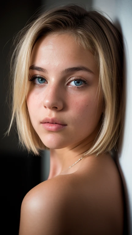 Dramatic, Rim Lighting, Dim Lighting, (Low Key: 1.4), Film Grain, Fine Skin, Rim Lighting, Hard Lighting, ((Shot with Rolleiflex)) (8K, 16k, UHD, DSLR), (RAW Photo: 1.2), (Best Quality: 1.4), (High Quality: 1.4), (Masterpiece: 1.2), (Realistic: 1.3), (Photorealistic: 1.4), Ultra Detailed, (Grain: 0.4),((Ultra Detail)), Beautiful Art, (((18 yo blonde teen girl . Full lips. Eyes wide))). ((Very short hair)), high details, best quality、So ridiculous,