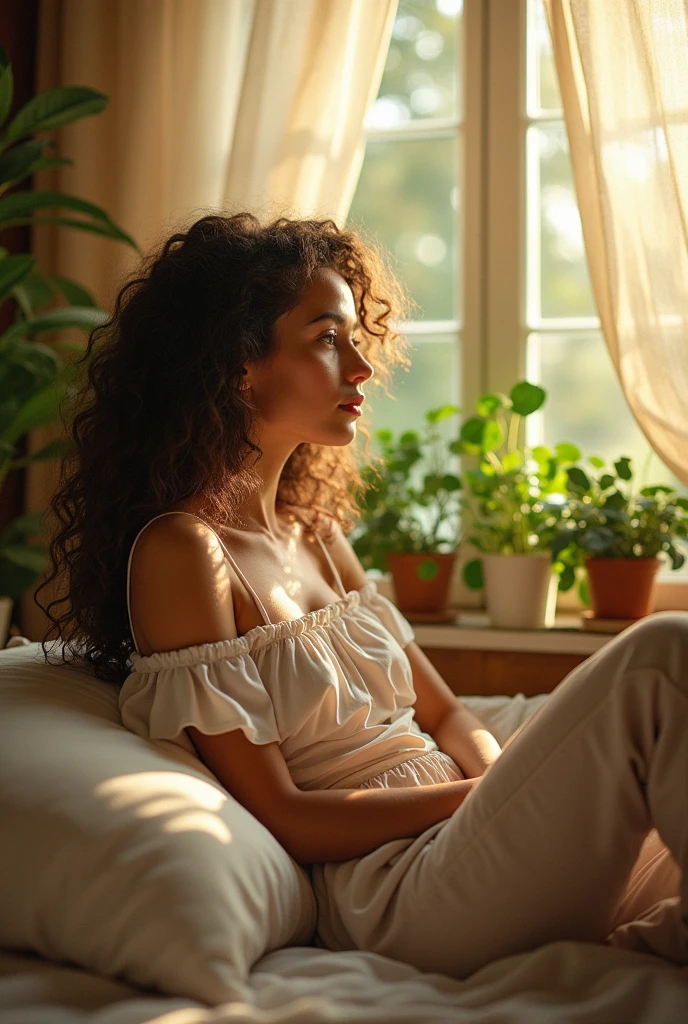 (photorealism:1.2), beautiful woman, sitting on bed, wearing loose off-shoulder top, pajama pants, long curly hair, indoors, soft lighting, plants in background, window with sunlight, cozy room, relaxed pose, realistic, intricate details, warm colors, by Greg Rutkowski, by Alphonse Mucha