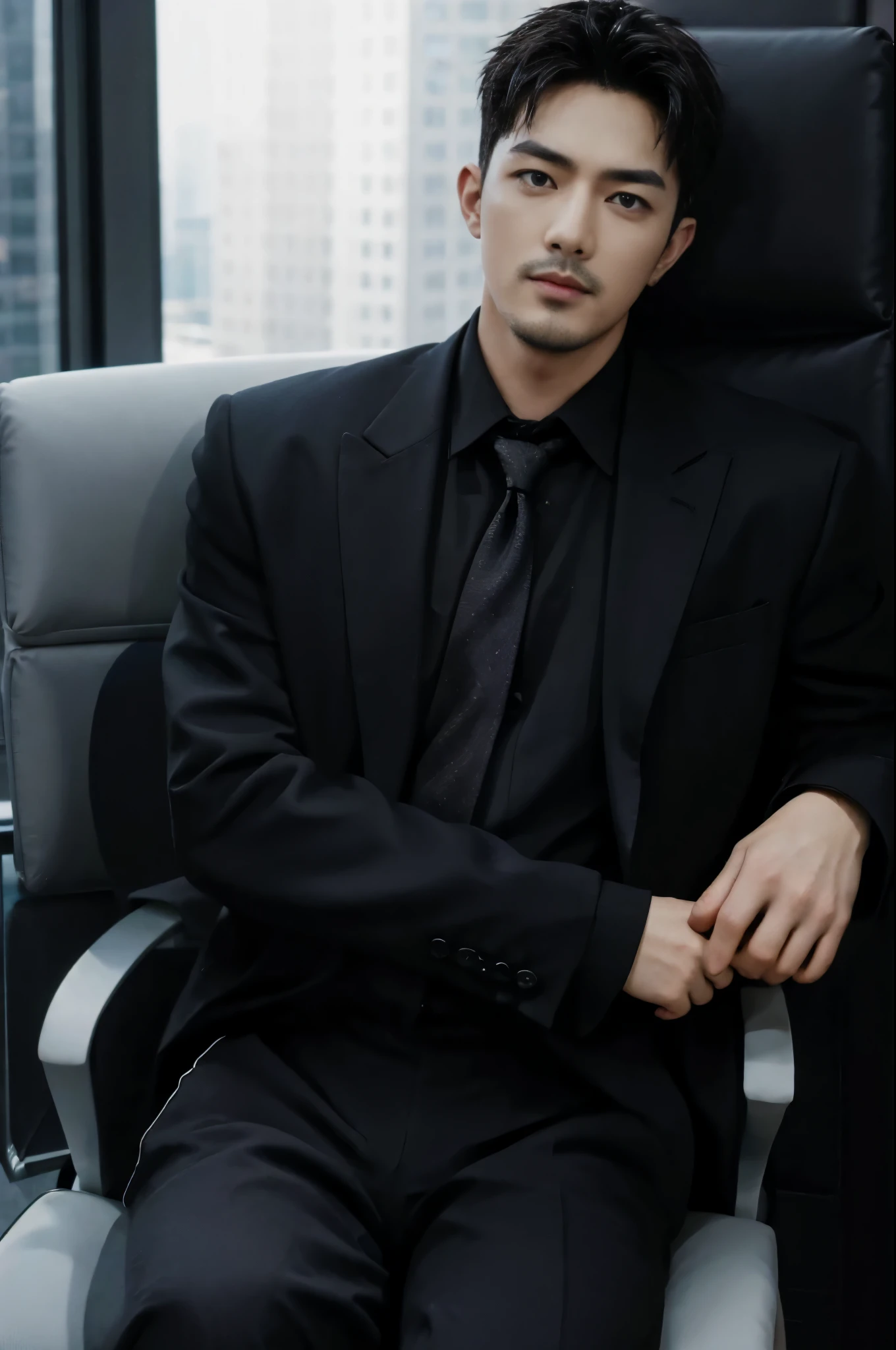 man,Handsome,Sitting position,Suit,Trousers,shirt,tie(Delicate eyes:1.3),black eyes,whole body,Goatee,office,Boss chair