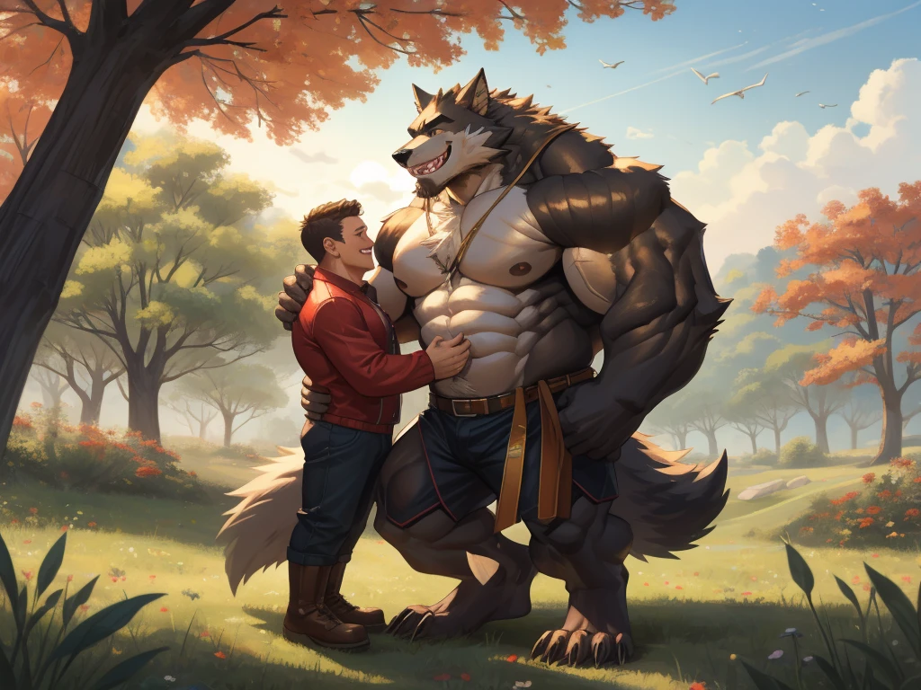4K, detailed, soft color, Vintage images, highres, unparalleled masterpiece, absurdres, love story of human old man and giant huge Muscular Werewolf, pair, Height difference, Physical difference, perfect anatomy, smile, joyful, play with, smile, happy