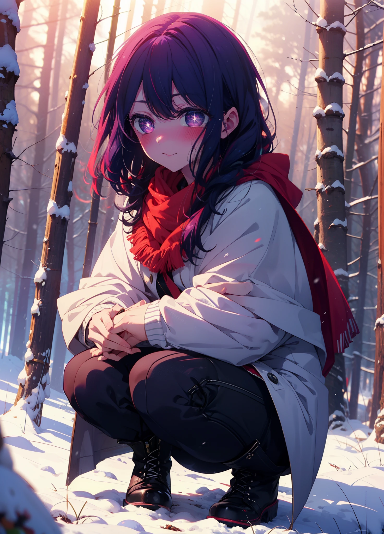 aihoshino, Ai Hoshino, Long Hair, bangs, (Purple eyes:1.1), Purple Hair, (Symbol-shaped pupil:1.5), smile,,smile,blush,white breath,
Open your mouth,snow,Ground bonfire, Outdoor, boots, snowing, From the side, wood, suitcase, Cape, Blurred, , forest, White handbag, nature, Squat, Mouth closed, Cape, winter, Written boundary depth, Black shoes, red Cape break looking at viewer, Upper Body, whole body, break Outdoor, forest, nature, break (masterpiece:1.2), Highest quality, High resolution, unity 8k wallpaper, (shape:0.8), (Beautiful and beautiful eyes:1.6), Highly detailed face, Perfect lighting, Extremely detailed CG, (Perfect hands, Perfect Anatomy),