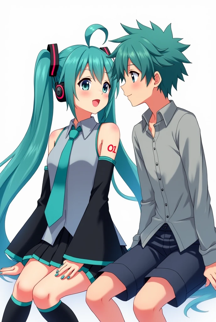 Anime art, anime style, detailed drawing, white background, high definition, high quality, one girl, solo, Hatsune Miku, aqua hair, twin tails, head ornament, headphones, number tattoo "01" (red, located on her left hand), grey sleeveless collared shirt, black detached sleeves with aqua lines, five fingers with aqua nails, aqua necktie, black pleated mini skirt with aqua lines, zettai ryouiki, thigh-high black boots with aqua lines.
A highschool anime boy looking at Miku Hatsune on the left; Miku Hatsune sits beside him