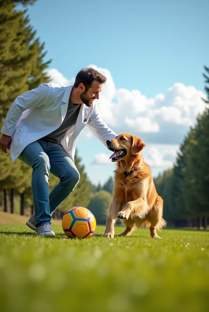 A dog playing soccer against a 30-year-old dentist