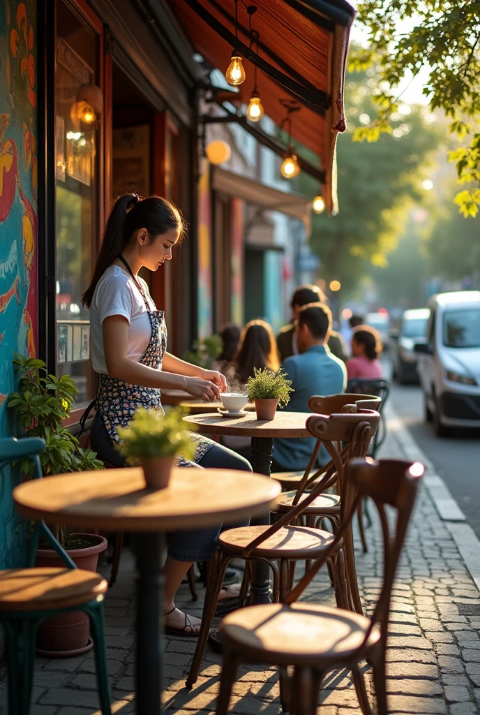 Create a picture of a out door small and simple slow bar cafe infront of wall art next to the road with a barista making coffee
