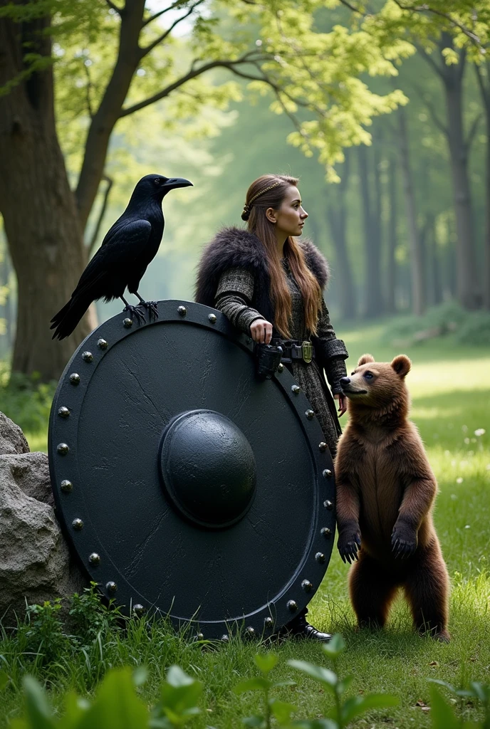 Create a black Viking shield with two ravens on top, Put it on the grass, I'm leaning against a rock, with an enchanted forest in the background and a bear standing on two legs with her baby 