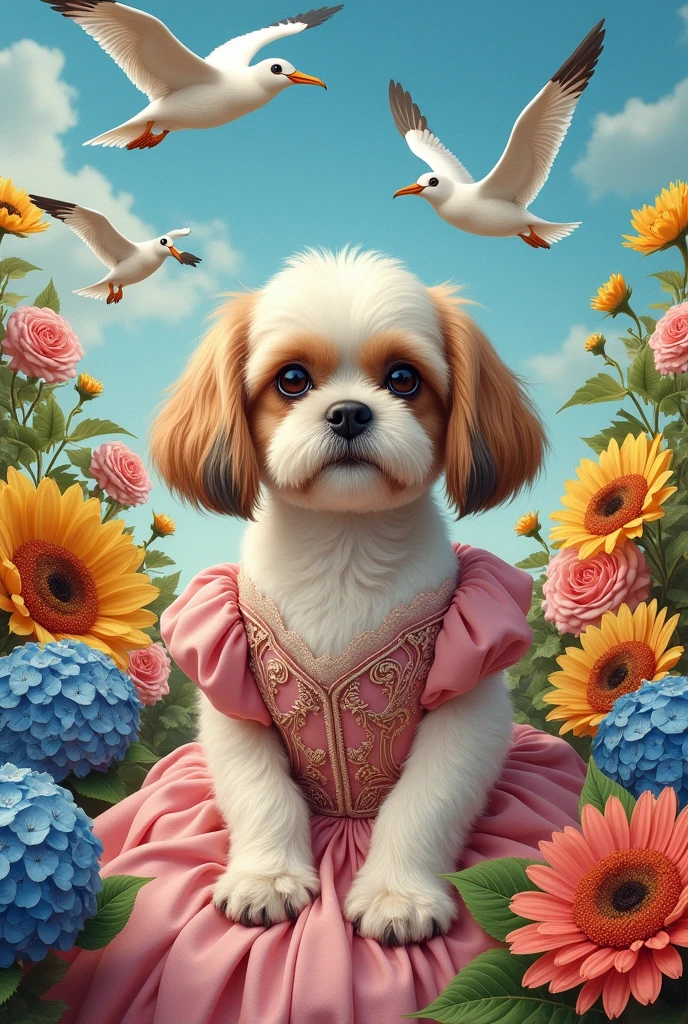 Shitzu in a Victorian dress surrounded by a gerbera, a rose, a hydrangea, a sunflower, and above 5 gannets 