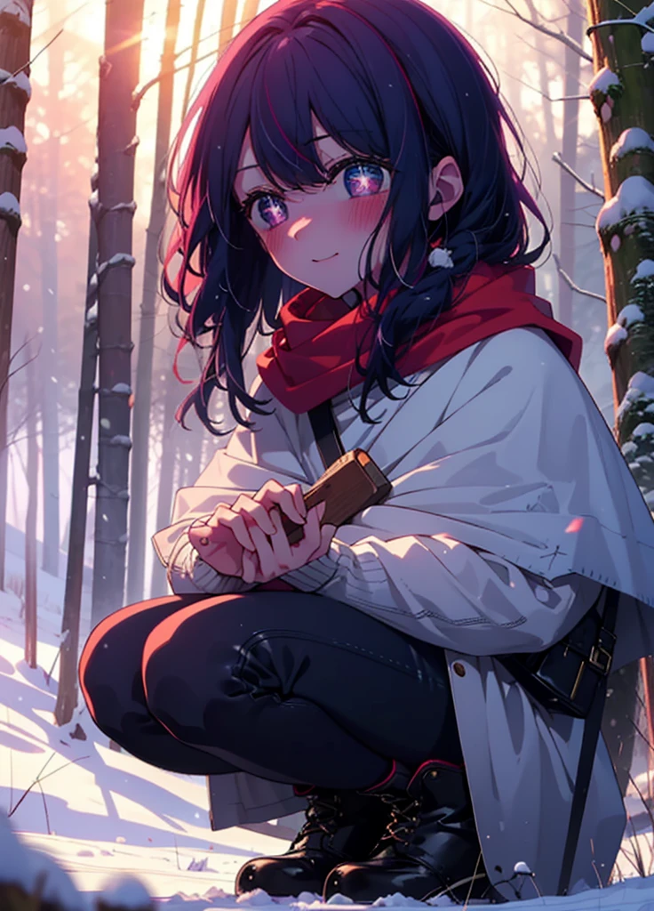 aihoshino, Ai Hoshino, Long Hair, bangs, (Purple eyes:1.1), Purple Hair, (Symbol-shaped pupil:1.5), smile,,smile,blush,white breath,
Open your mouth,snow,Ground bonfire, Outdoor, boots, snowing, From the side, wood, suitcase, Cape, Blurred, , forest, White handbag, nature,  Squat, Mouth closed, Cape, winter, Written boundary depth, Black shoes, red Cape break looking at viewer, Upper Body, whole body, break Outdoor, forest, nature, break (masterpiece:1.2), Highest quality, High resolution, unity 8k wallpaper, (shape:0.8), (Beautiful and beautiful eyes:1.6), Highly detailed face, Perfect lighting, Extremely detailed CG, (Perfect hands, Perfect Anatomy),