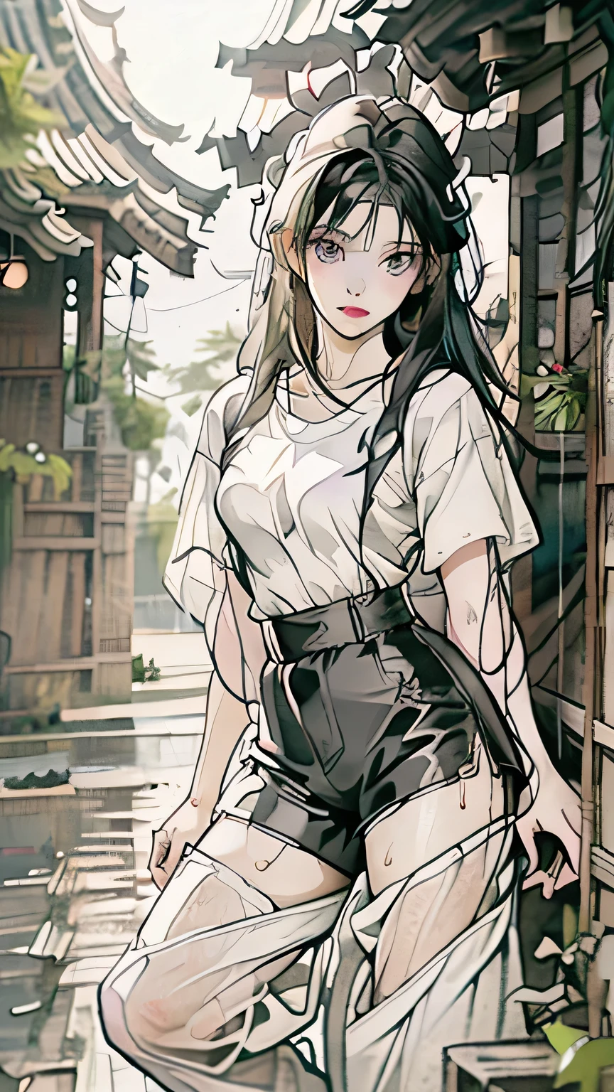 ((White T-shirt)), Beautiful girl with realistic black eyes, Pale skin, Medium size black hair, Perfect Face, Perfect Eyes, (Short black hot pants), (((タイトなWhite T-shirt))), Very detailed, General Movie, Digital Painting, 8k, Cinema Lighting, Highest quality, High resolution, well done!, Post-processing, Perfect results, Surreal,(((Revealing clothing))),Big Breasts,(rain), Wet,(Browsing Caution:0.8)