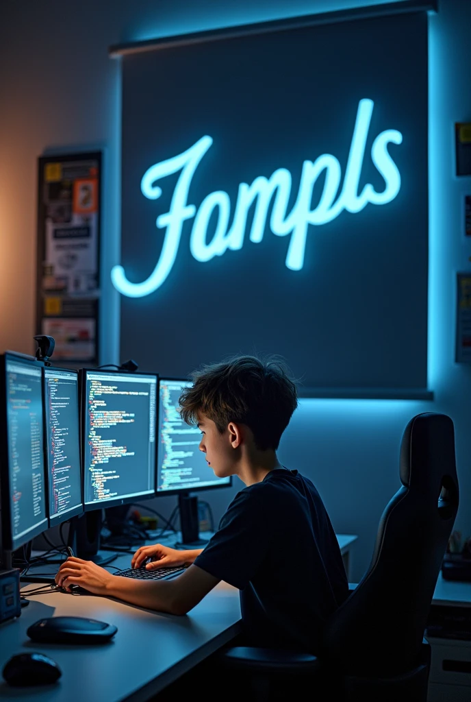 A teenager programming and a company logo that is larger than the face and the company logo is in writing