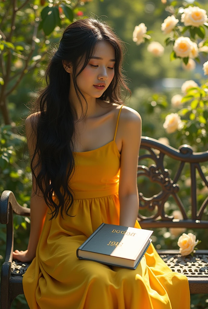 A book with a grey cover entitled "MUTE"
A beautiful girl wearing a yellow dress with black hair is sitting in the garden.