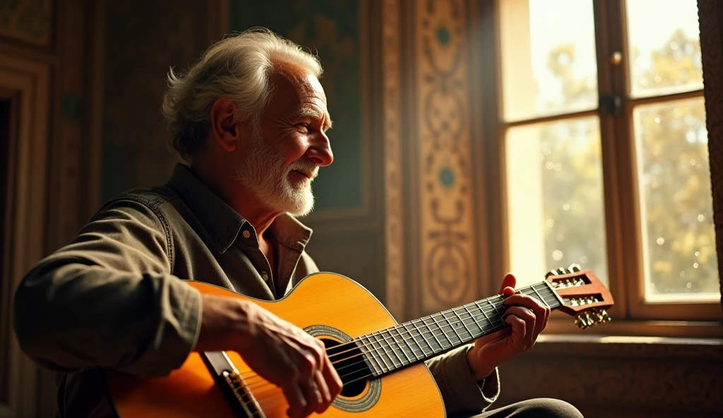 ((best quality)), ((masterpiece)), (detail), perfect face, close-up photo of an elderly latin man playing guitar next to a window, ancient room scene with intricate details, shimmering and magical light, surreal photo, 8k, ultra high resolution, sharp face