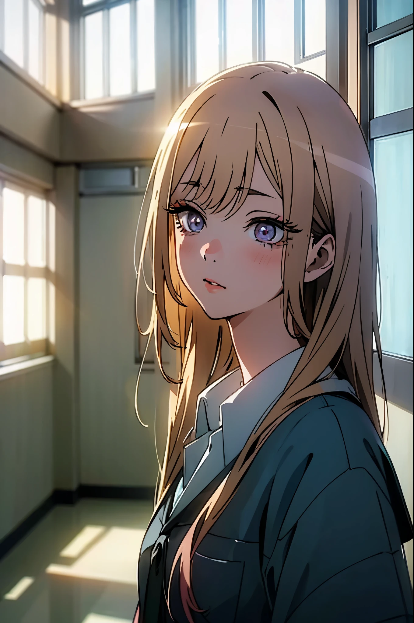 marin kitagawa, school hallway, 1girl, beautiful detailed eyes, beautiful detailed lips, extremely detailed face, long eyelashes, school uniform, standing in hallway, ambient lighting, sunlight through windows, empty hallway, highly detailed, photorealistic, 8k, masterpiece, dramatic lighting, warm colors