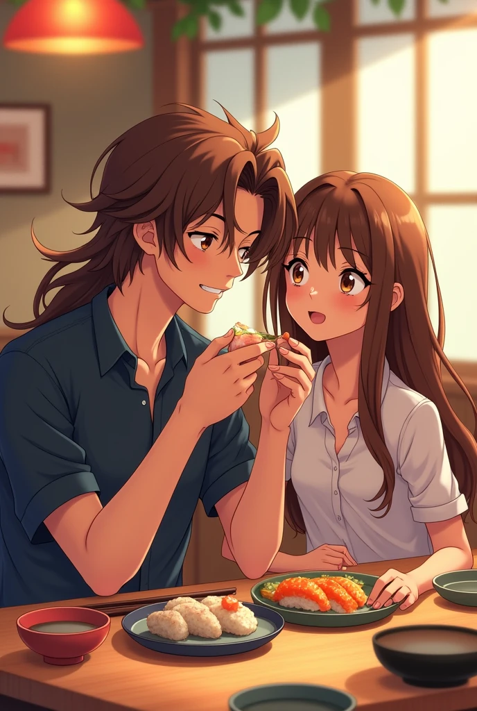 Man with long brown hair and his girlfriend with long brown hair, the man with long hair eating sushi without a beard, anime style