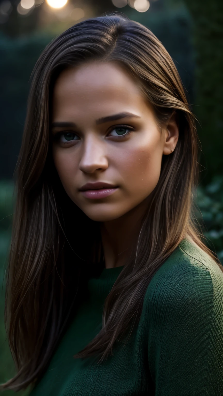 Foto hiperrealista en primer plano de Alicia Vikander, masterpiece, best quality, (photorealistic:1.4), portrait photo, green slim sweater, night in garden, during the night, dark night, during night, cinematic light, beautiful woman, skinny, medium breasts, straight dark blond hair, detailed face, photo taken from a distance, age 20 years old