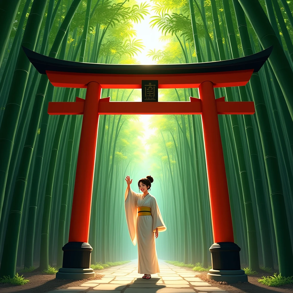 detailed bamboo forest, torii gate, person waving to the camera from behind the torii gate:1.9, white kimono, highly detailed, intricate details, cinematic lighting, dramatic lighting, volumetric lighting, photorealistic, hyper-realistic, masterpiece, digital painting, vibrant colors, warm color palette, natural scenery, serene atmosphere, peaceful ambiance
