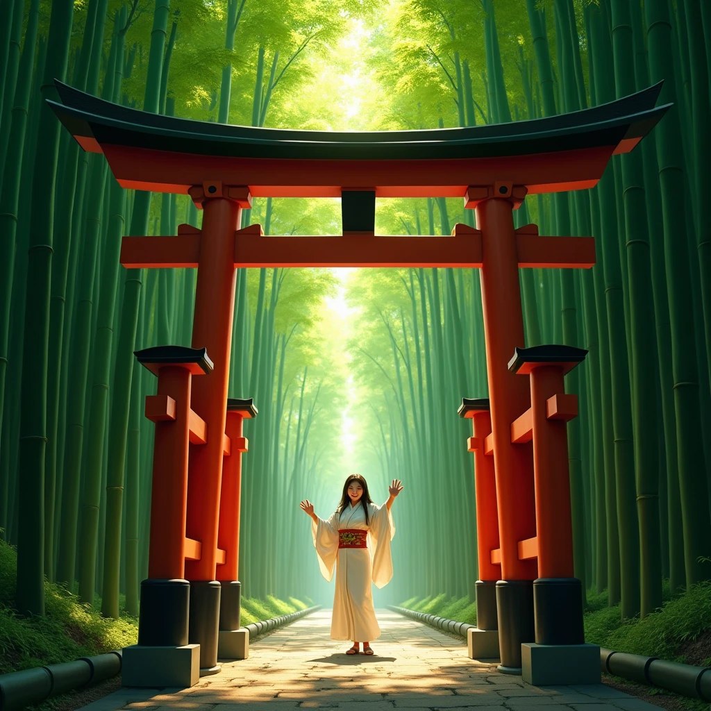 detailed bamboo forest, torii gate, person waving to the camera from behind the torii gate:1.9, white kimono, highly detailed, intricate details, cinematic lighting, dramatic lighting, volumetric lighting, photorealistic, hyper-realistic, masterpiece, digital painting, vibrant colors, warm color palette, natural scenery, serene atmosphere, peaceful ambiance
