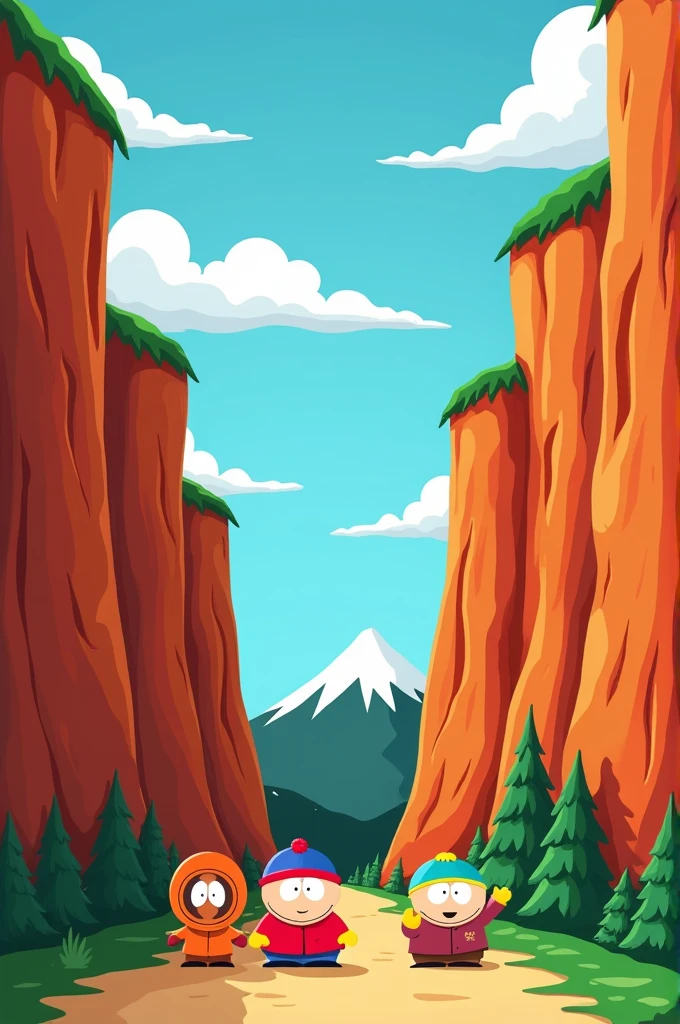 I want a horizontal image of a cliff passage in Peña de Bernal, South Park style.