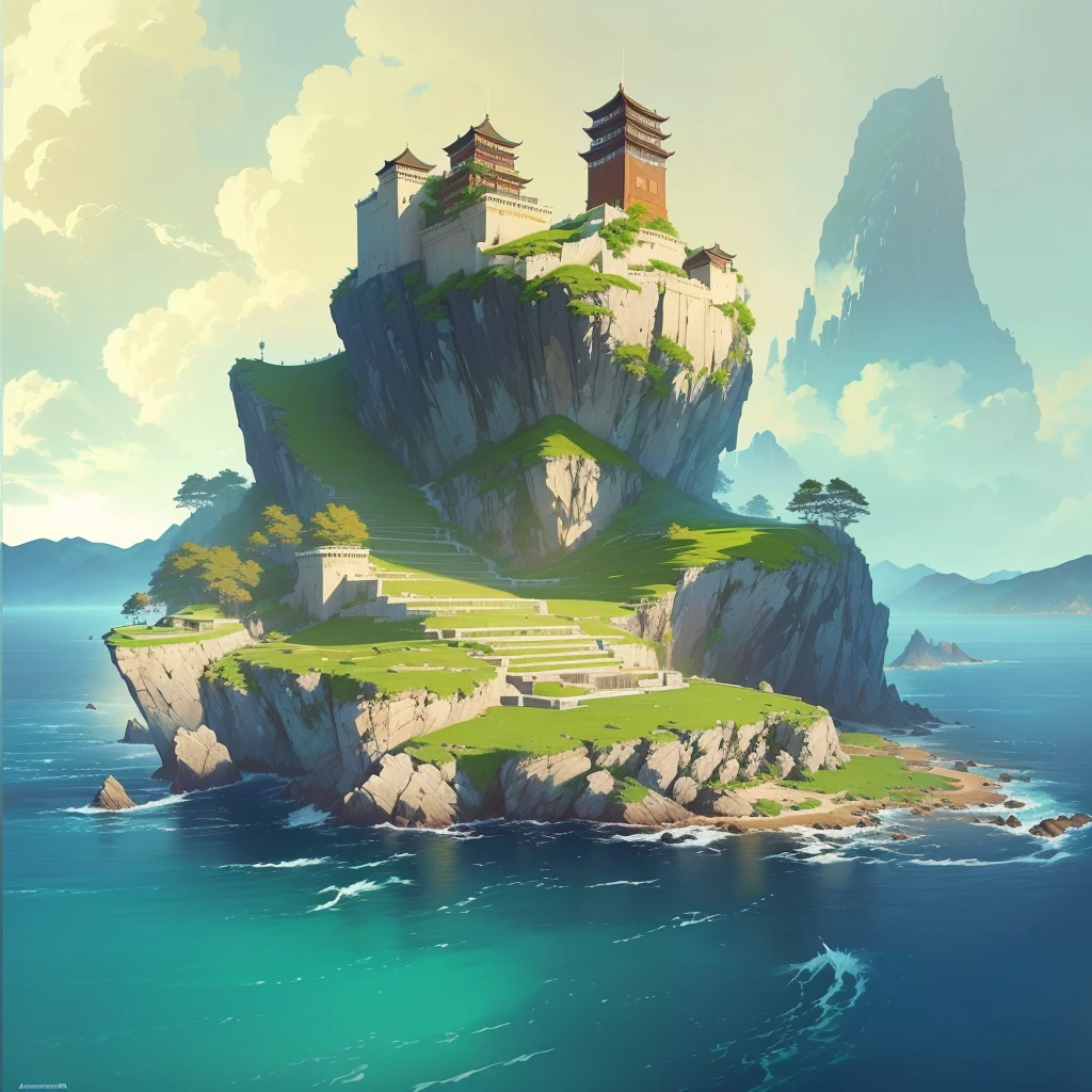 There is a small island,上面有建筑遗迹 author Raymond Han, A beautiful artistic illustration, Feiyun Castle, author Ryan Yee, Andreas Rocha style, Ross Chen. Landscape background, Inspired by Andreas Rocha, Epic painting of the island, Beautiful Numbers, author:Alexander Jean, Andreas Rocha's style