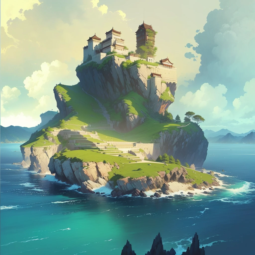 There is a small island，上面有建筑遗迹 author Raymond Han, A beautiful artistic illustration, Feiyun Castle, author Ryan Yee, Andreas Rocha style, Ross Chen. Landscape background, Inspired by Andreas Rocha, Epic painting of the island, Beautiful Numbers, author：Alexander Jean, Andreas Rocha's style