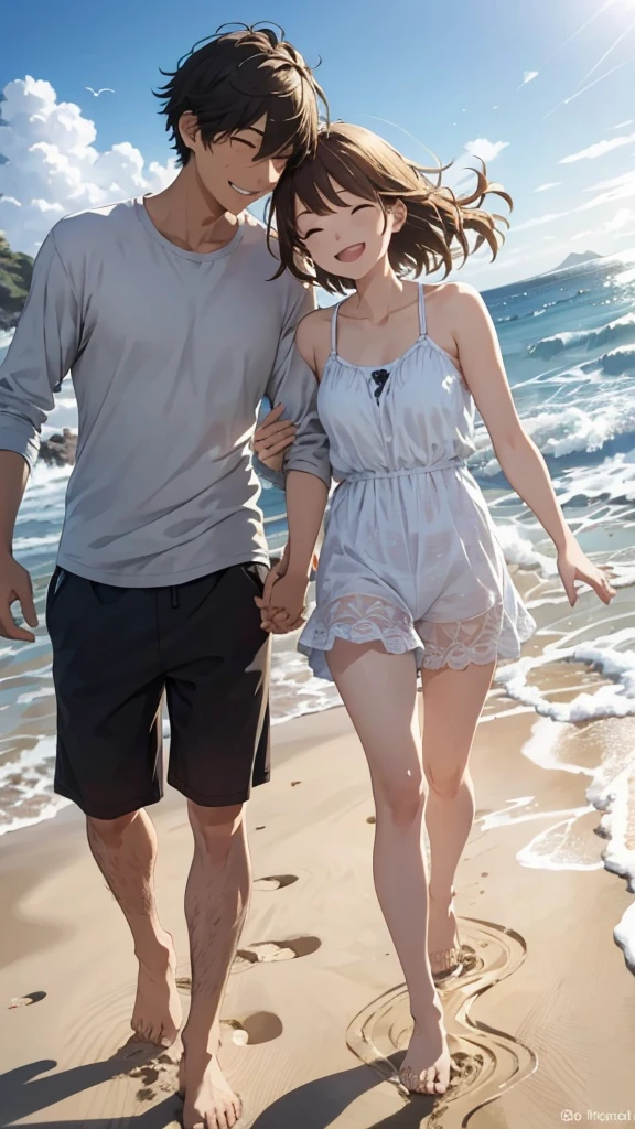A blissful couple runs hand in hand on the golden sandy beach, their faces radiant with happiness under the warm, high saturation sunlight. The fine details of their faces, with natural wrinkles and sweat glistening on their foreheads, are captured in this realistic style, 4K masterpiece. Each footprint they leave behind is etched in the sand, adding to the energetic and lively atmosphere. Seagulls fly overhead, their sharp silhouettes contrasting against the bright sky. Waves crash onto the shore, leaving a frothy white foam that glimmers in the sunlight. The couple's laughter echoes through the still air, bringing a sense of peace and contentment to