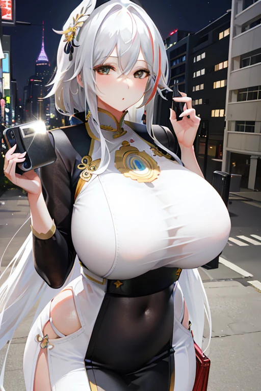 A photographture_compare,Huge boobs,(Mature Woman:1),Long white hair,Telephone,携帯Telephone,smartphone,hand-held,photograph