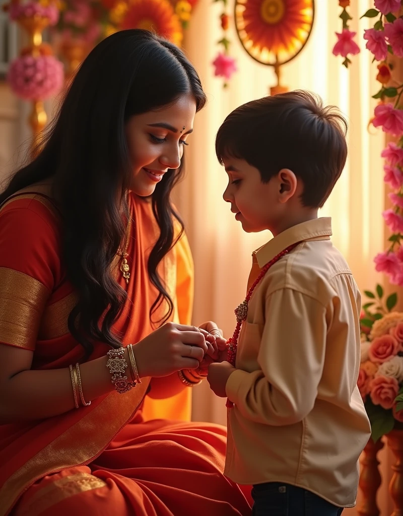 A beautiful young woman tying a colorful rakhi (sacred thread) on her brother's wrist, intricate floral decorations, warm lighting, vibrant colors, traditional indian festival, highly detailed, photorealistic, 8k, masterpiece