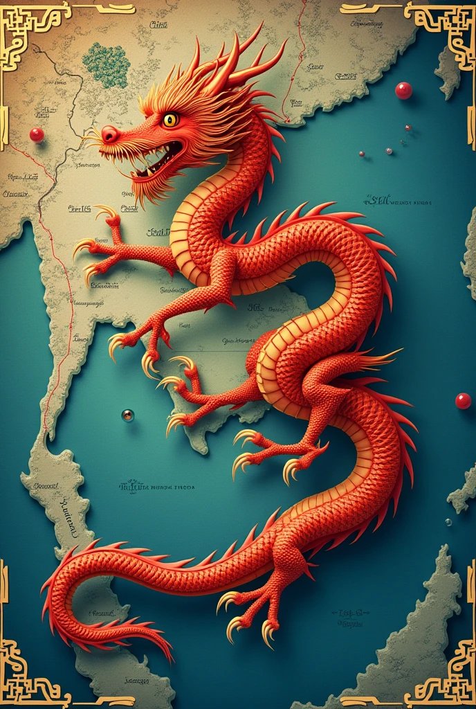 Vietnam Map Image Dragon Image, Red Two-legged Dragon Holding Two Paracel Pearls, Truong Sa