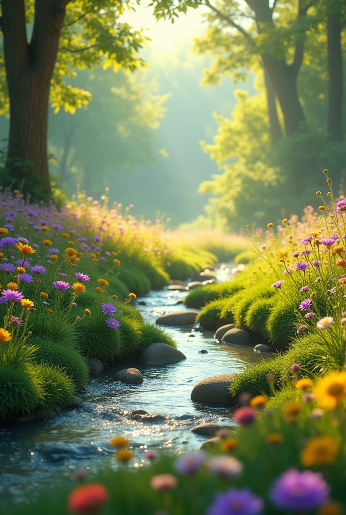 She followed the instructions from her dream and soon found herself in a beautiful meadow. In the center of the meadow, there was a sparkling stream with colorful flowers all around. Mia noticed a small, glowing acorn lying on the grass. It was the golden acorn!