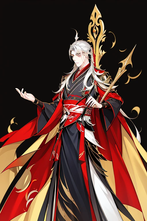 Handsome, standing alone, a man (cold expression), long silver white hair, đôi yellow eyes sắc sảo, deep dark golden eyes, bright golden eyes, deep golden eyes, yellow eyes, đôi yellow eyes sắc bén như nhìn thấu tâm hồn người khác, under the eyes there is a red streak that makes the face very evil and beautiful, attractive to the opposite sex, wearing a black Hanfu, Black Hanfu all over, wearing the attire of an ancient Chinese emperor, has wide sleeves, charming male god, 8k, beautiful contrast between light and darkness, Golden flowers, luxurious background, complete full body. 