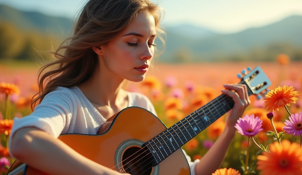 ((best quality)), ((masterpiece)), (detail), perfect face, close-up photo of a young russian woman playing guitar in a valley of flowers, valley scene with intricate details, shimmering and magical light, surreal photo, 8k, ultra high resolution, sharp face