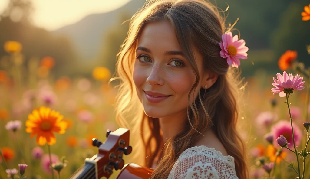 ((best quality)), ((masterpiece)), (detail), perfect face, close-up photo of a young russian woman playing guitar in a valley of flowers, valley scene with intricate details, shimmering and magical light, surreal photo, 8k, ultra high resolution, sharp face