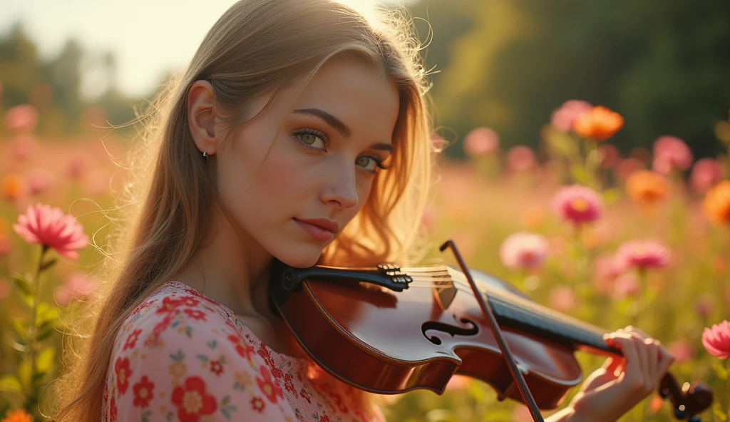 ((best quality)), ((masterpiece)), (detail), perfect face, close-up photo of a young russian woman playing guitar in a valley of flowers, valley scene with intricate details, shimmering and magical light, surreal photo, 8k, ultra high resolution, sharp face