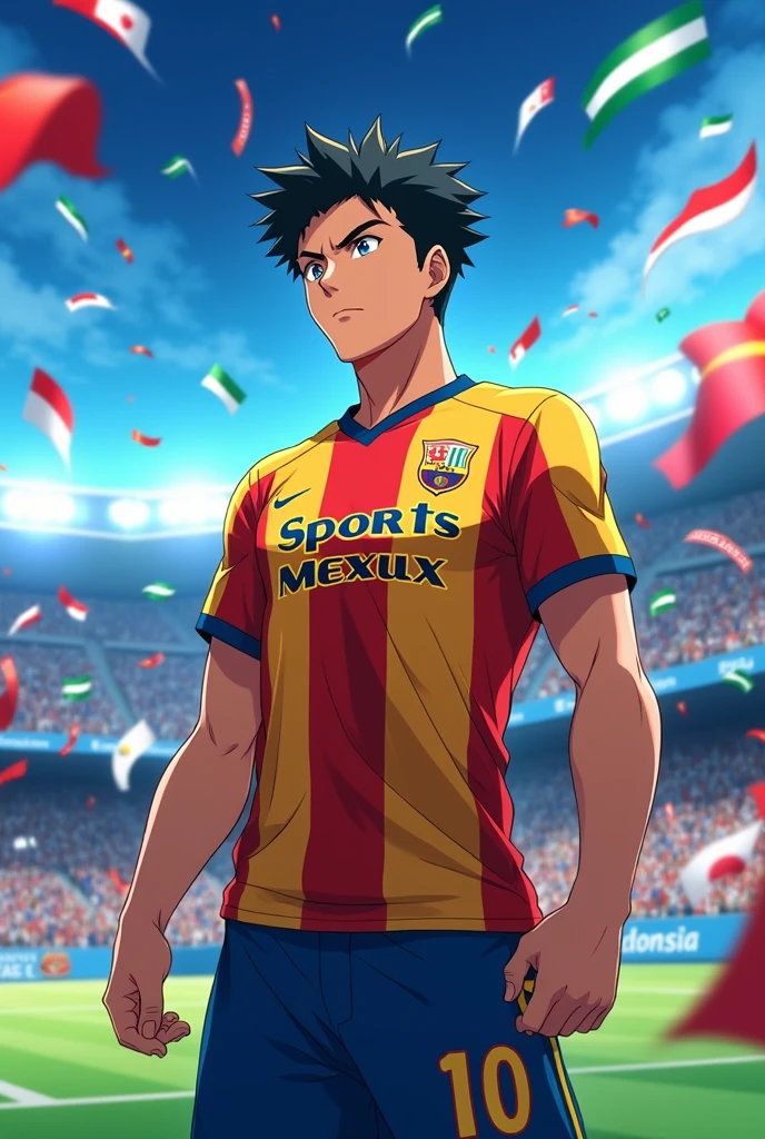 Anime man with a football uniform, the shirt has the number 10 and below the image says 'Sports Méx' and all the flags of the world come out
