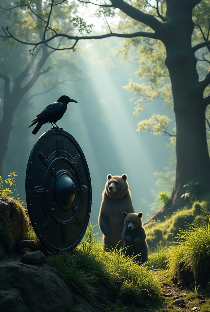 Create a black Viking shield with two ravens on top, Put it on the grass, I'm leaning against a rock, with an enchanted forest in the background and a bear standing on two legs alongside its cub