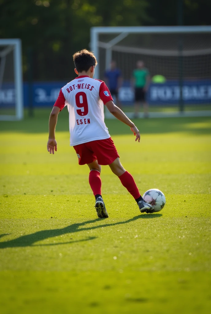 A 17-year-old football player kicking the ball,Wears a white and red jersey with the number 9, The jersey says Rot-Weiss Essen, Photographed from behind, into a normal football field