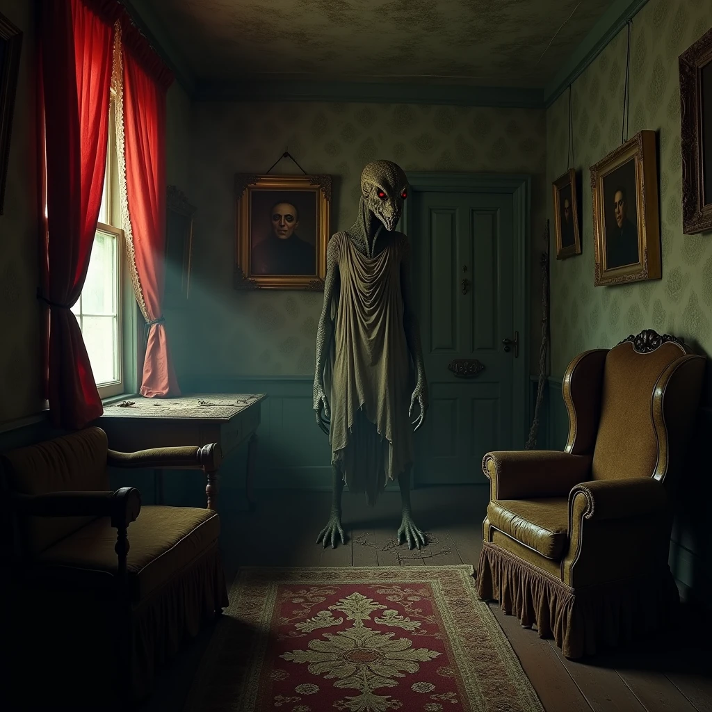 Create a horror movie scene with a demon. The scene is creepy and mysterious, with a gothic aesthetic.