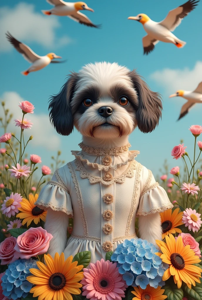 Bust of a Shitzu in a Victorian dress surrounded by a gerbera, a rose, a hydrangea, a sunflower, and above 5 gannets