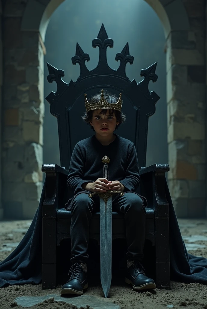  male, alone in a dark throne, hugging a torn sword, a big torn crown on his head, sad, dark atmosphere, big dark room, a grim face, dark hair