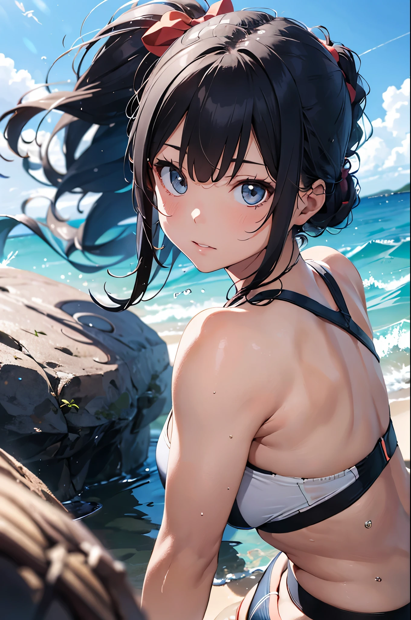 4K,8k,High resolution,
One beautiful young woman,Light blue hair、ponytail、
(Soft Saturation:1.3), (Fair skin:1.2),
(ultra-Detailed Background, Detailed Background), Bokeh,
break&#39;Smiling portrait.,
When viewed from the front, The composition is symmetrical,
Looking straight at you with serious eyes,
break Swimwear, White Bikini, Center of chest, 
Outdoor, Sea surface, null, sunlight,Summer beach, Sandy Beach,
Strong light, Front lighting, 
(Teen:1.3), (Cowboy Shot:1.2),
Front brake angle,
View your audience,
Dynamic pose,
sitting on the beach

Seaweed、Seaweed、Seaweed、Seaweed、Seaweed、Seaweed、Seaweed、